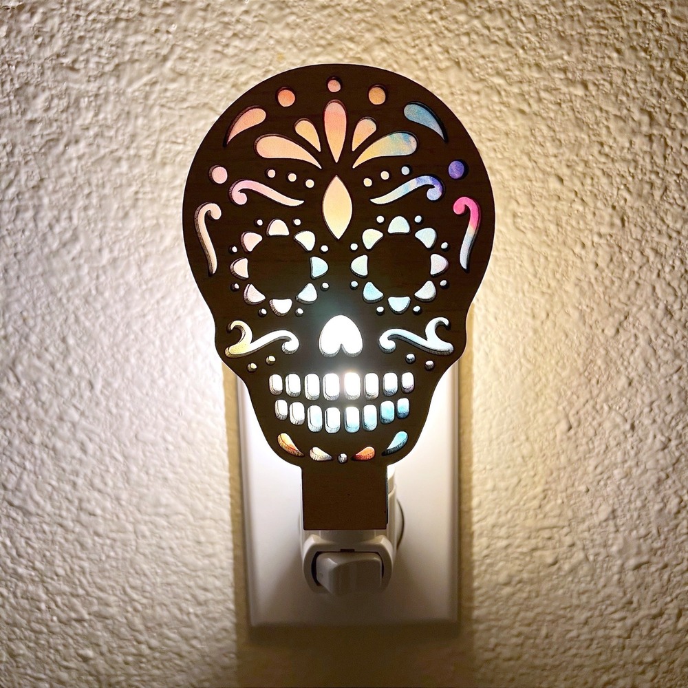 Sugar Skull Night Light Wooden Rainbow‎ Glow Plug In Day of the Dead Decor